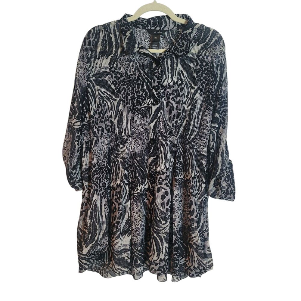 Ali Miles‎ Sheer Animal Print Tunic Blouse Women's Large Black Gray Artsy Boho